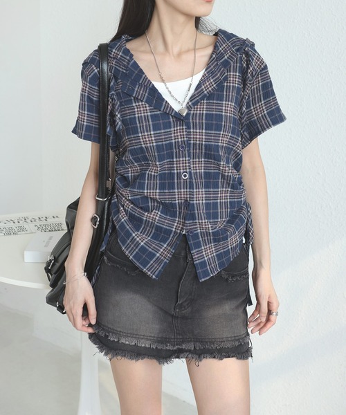 MAISON DE THERESE（メゾン ド テレーズ）の「フード＆ドローストリング付き 格子柄シャツ（シャツ/ブラウス・レディース・ネイビー/グリーン/ベージュ・S/M/L/XL/X-LARGE）」の11枚目の写真