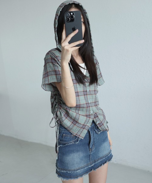 MAISON DE THERESE（メゾン ド テレーズ）の「フード＆ドローストリング付き 格子柄シャツ（シャツ/ブラウス・レディース・ネイビー/グリーン/ベージュ・S/M/L/XL/X-LARGE）」の17枚目の写真
