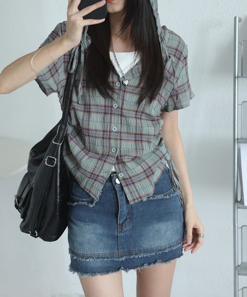 MAISON DE THERESE（メゾン ド テレーズ）の「フード＆ドローストリング付き 格子柄シャツ（シャツ/ブラウス・レディース・ネイビー/グリーン/ベージュ・S/M/L/XL/X-LARGE）」の16枚目の写真