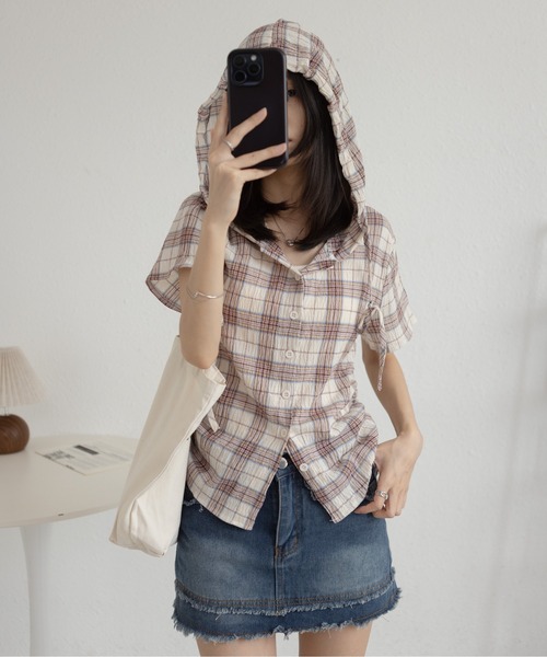 MAISON DE THERESE（メゾン ド テレーズ）の「フード＆ドローストリング付き 格子柄シャツ（シャツ/ブラウス・レディース・ネイビー/グリーン/ベージュ・S/M/L/XL/X-LARGE）」の8枚目の写真