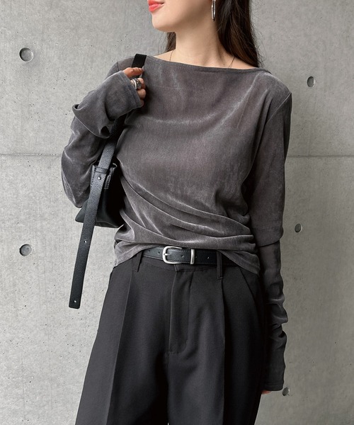 AD2023 チュールギャザーベルトトップス カットソー 長袖 黒 セール】ベロアチュールサイドギャザー長袖トップス（Tシャツ