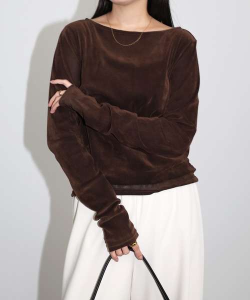 andme（アンドミー）の「ベロアチュールサイドギャザー長袖トップス（Tシャツ/カットソー・レディース・ブラック/アイボリー/チャコールグレー/ブラウン・M）」の5枚目の写真