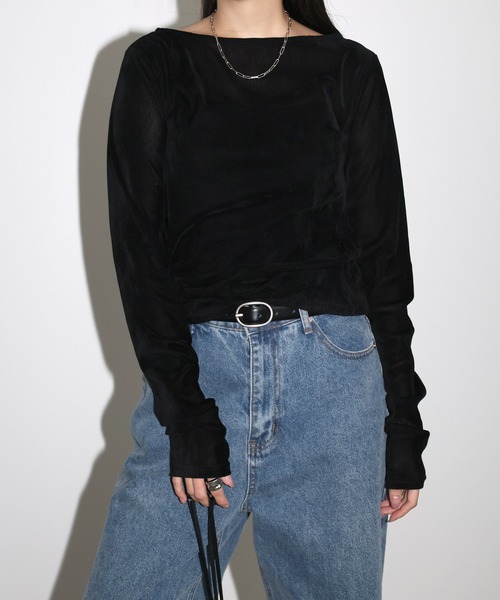 andme（アンドミー）の「ベロアチュールサイドギャザー長袖トップス（Tシャツ/カットソー・レディース・ブラック/アイボリー/チャコールグレー/ブラウン・M）」の12枚目の写真