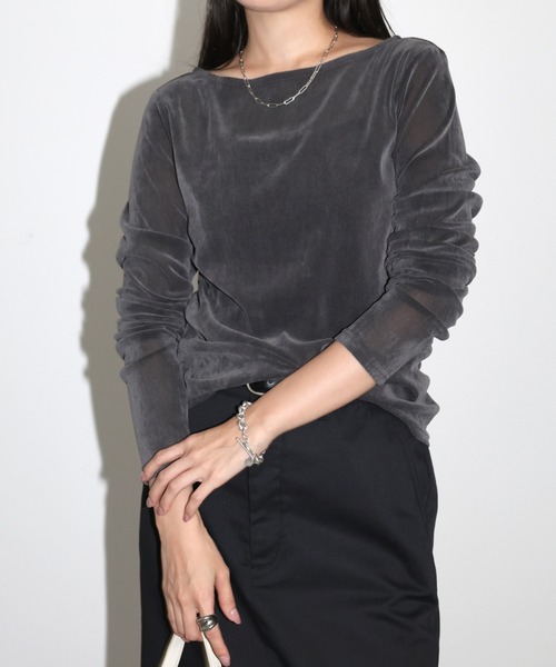andme（アンドミー）の「ベロアチュールサイドギャザー長袖トップス（Tシャツ/カットソー・レディース・ブラック/アイボリー/チャコールグレー/ブラウン・M）」の15枚目の写真