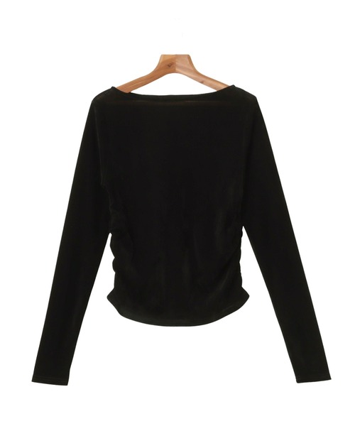AD2023 チュールギャザーベルトトップス カットソー 長袖 黒 セール】ベロアチュールサイドギャザー長袖トップス（Tシャツ