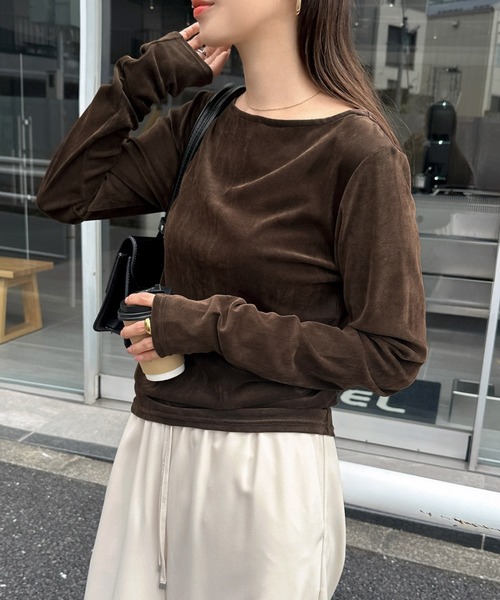 セール】ベロアチュールサイドギャザー長袖トップス（Tシャツ
