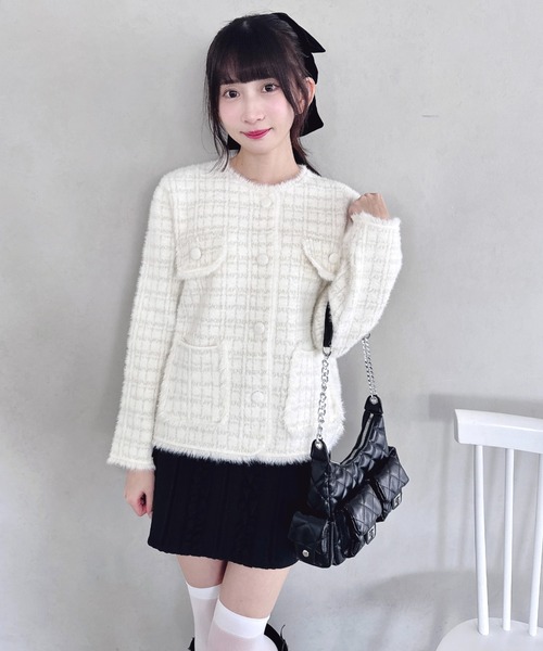 Loueme(ルエム)の「ラメツイードライクニットジャケット(ノーカラージャケット・レディース・ブラック/オフホワイト/ピンク・FREE)」の1枚目の写真