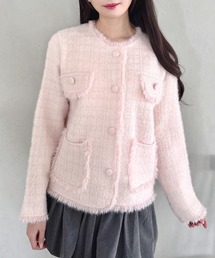 ルネ ノーカラー ツイード ニットジャケット ピンク系 36 ルネ ノー