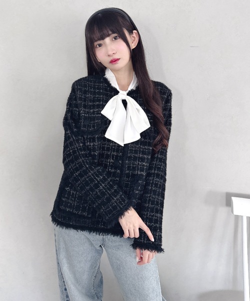 Loueme(ルエム)の「ラメツイードライクニットジャケット(ノーカラージャケット・レディース・ブラック/オフホワイト/ピンク・FREE)」の16枚目の写真