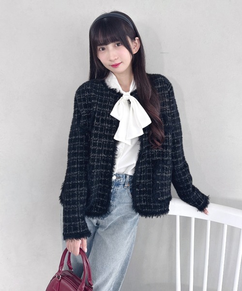 Loueme(ルエム)の「ラメツイードライクニットジャケット(ノーカラージャケット・レディース・ブラック/オフホワイト/ピンク・FREE)」の18枚目の写真