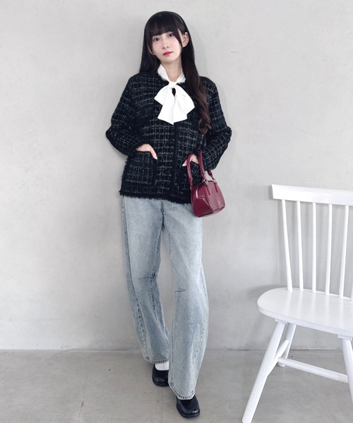 Loueme(ルエム)の「ラメツイードライクニットジャケット(ノーカラージャケット・レディース・ブラック/オフホワイト/ピンク・FREE)」の4枚目の写真