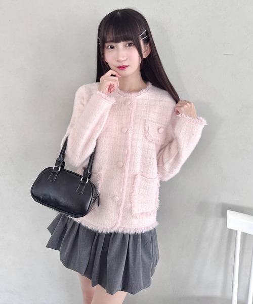 Loueme(ルエム)の「ラメツイードライクニットジャケット(ノーカラージャケット・レディース・ブラック/オフホワイト/ピンク・FREE)」の6枚目の写真