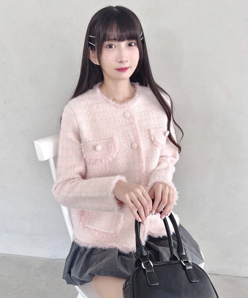Loueme(ルエム)の「ラメツイードライクニットジャケット(ノーカラージャケット・レディース・ブラック/オフホワイト/ピンク・FREE)」の5枚目の写真