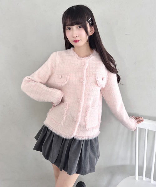 Loueme(ルエム)の「ラメツイードライクニットジャケット(ノーカラージャケット・レディース・ブラック/オフホワイト/ピンク・FREE)」の7枚目の写真