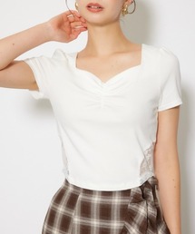 レースカッティングタイトトップス 春服 夏服 秋服 半袖
