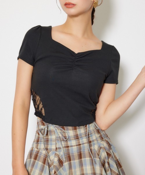 レースカッティングタイトトップス 春服 夏服 秋服 半袖（T