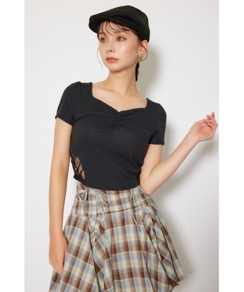 rienda(リエンダ)の「レースカッティングタイトトップス 春服 夏服 秋服 半袖(Tシャツ/カットソー・レディース・ブラック/杢グレー/ホワイト・FREE)」の21枚目の写真