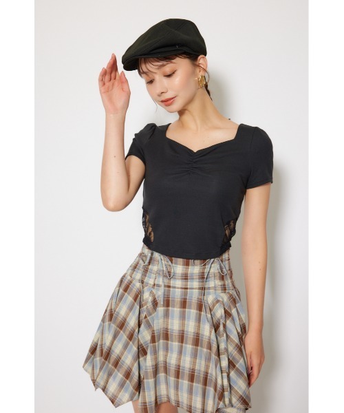 レースカッティングタイトトップス 春服 夏服 秋服 半袖（T