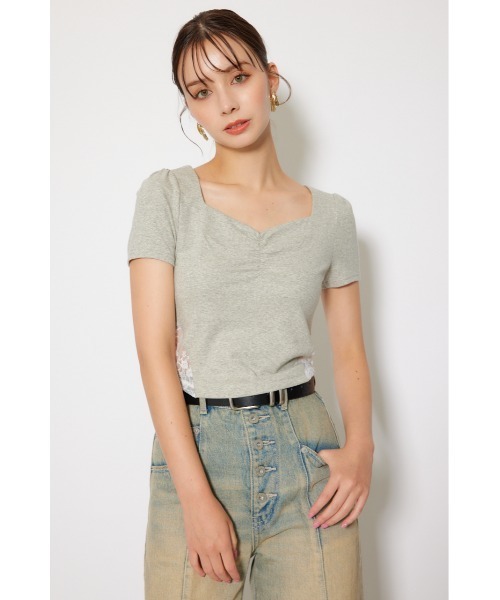 rienda(リエンダ)の「レースカッティングタイトトップス 春服 夏服 秋服 半袖(Tシャツ/カットソー・レディース・ブラック/杢グレー/ホワイト・FREE)」の4枚目の写真