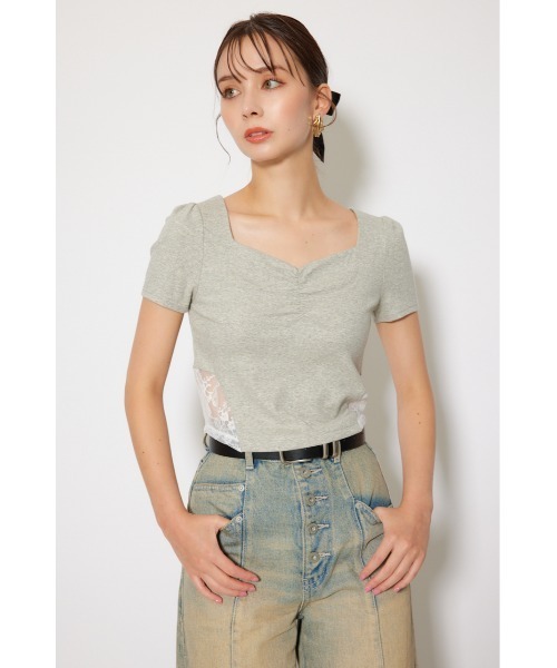 rienda(リエンダ)の「レースカッティングタイトトップス 春服 夏服 秋服 半袖(Tシャツ/カットソー・レディース・ブラック/杢グレー/ホワイト・FREE)」の5枚目の写真