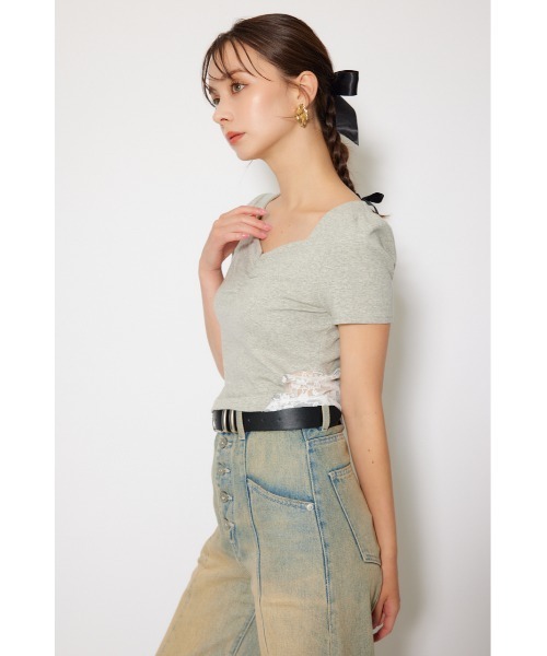 rienda(リエンダ)の「レースカッティングタイトトップス 春服 夏服 秋服 半袖(Tシャツ/カットソー・レディース・ブラック/杢グレー/ホワイト・FREE)」の6枚目の写真