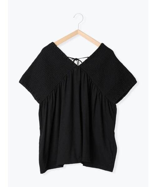 Samansa Mos2 blue（サマンサモスモスブルー）の「◎【接触冷感】シャーリングVネックプルオーバー（Tシャツ/カットソー・レディース・ブラック/ブルー/オフホワイト・F）」の13枚目の写真