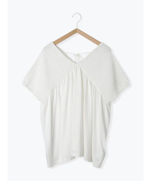 Samansa Mos2 blue（サマンサモスモスブルー）の「◎【接触冷感】シャーリングVネックプルオーバー（Tシャツ/カットソー・レディース・ブラック/ブルー/オフホワイト・F）」の14枚目の写真