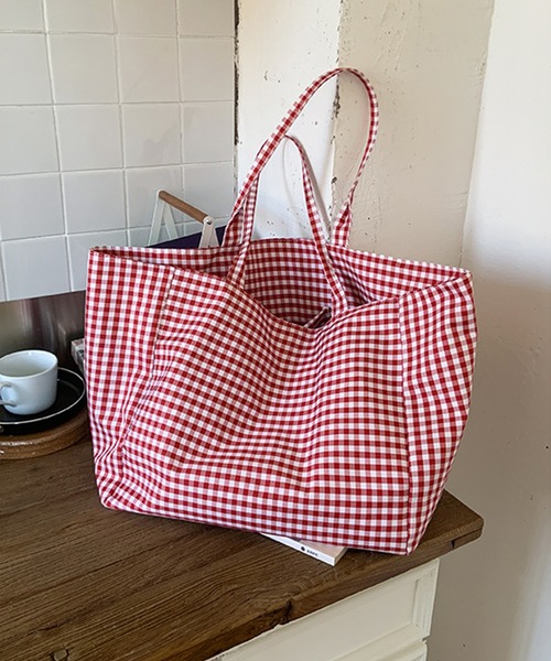 セール】大容量ギンガムチェック柄トートバッグ（トートバッグ