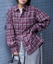 オンブレチェック オーバーサイズボックスレギュラーカラーネルシャツレッド