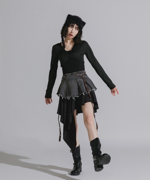 Asymmetrical Faux-Layered Denim Skirt / アシンメトリー フェイク