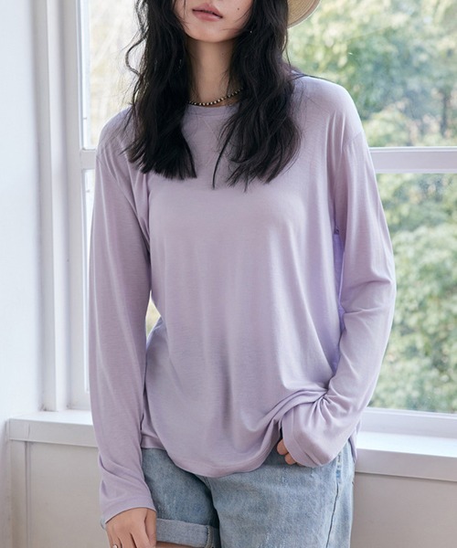 ReRe(リリ)の「ラウンドネックベーシックトップス(Tシャツ/カットソー・レディース・オフホワイト/ブラック/ライトブルー/ベージュ/パープル/グレー・FREE)」の6枚目の写真