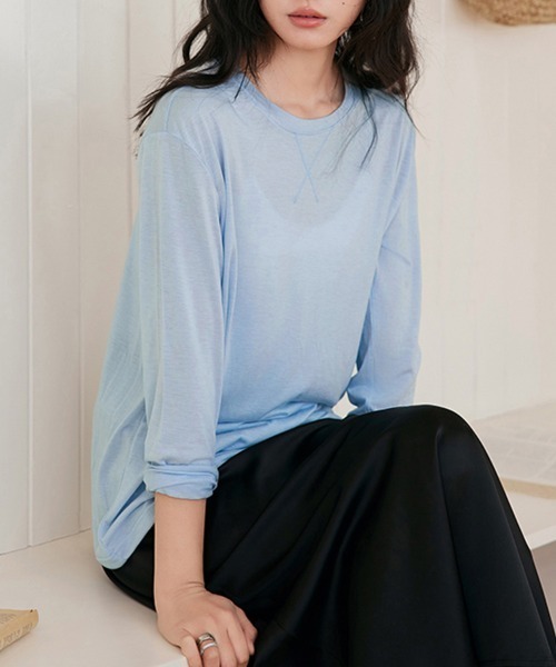 ReRe(リリ)の「ラウンドネックベーシックトップス(Tシャツ/カットソー・レディース・オフホワイト/ブラック/ライトブルー/ベージュ/パープル/グレー・FREE)」の5枚目の写真