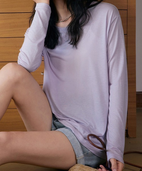 ReRe(リリ)の「ラウンドネックベーシックトップス(Tシャツ/カットソー・レディース・オフホワイト/ブラック/ライトブルー/ベージュ/パープル/グレー・FREE)」の8枚目の写真