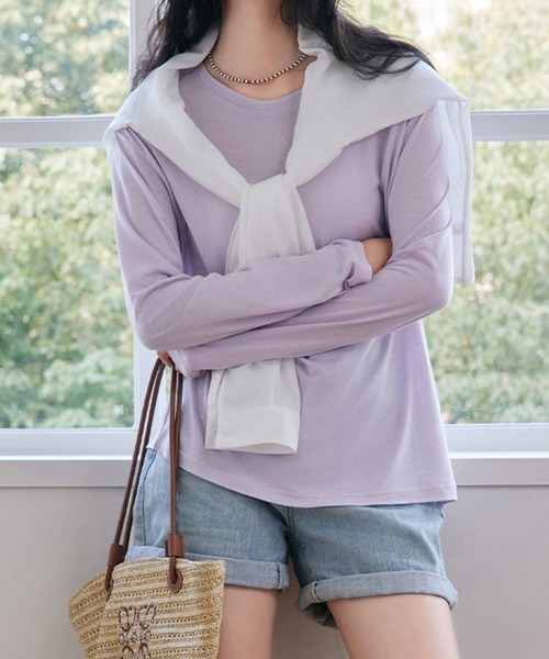 ReRe(リリ)の「ラウンドネックベーシックトップス(Tシャツ/カットソー・レディース・オフホワイト/ブラック/ライトブルー/ベージュ/パープル/グレー・FREE)」の21枚目の写真