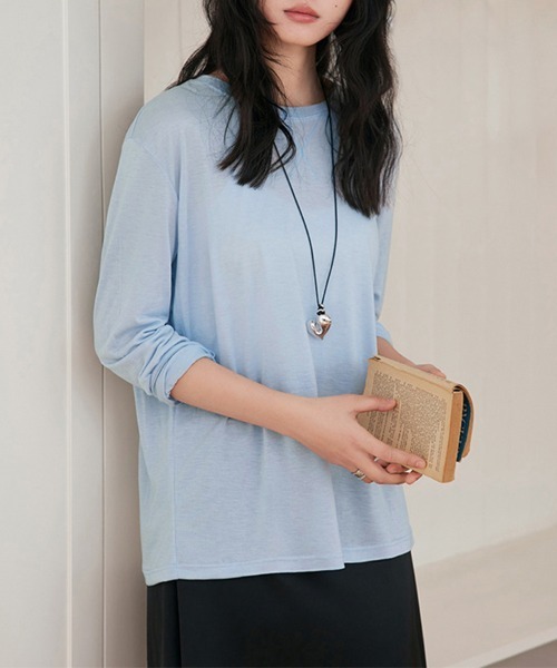 ReRe(リリ)の「ラウンドネックベーシックトップス(Tシャツ/カットソー・レディース・オフホワイト/ブラック/ライトブルー/ベージュ/パープル/グレー・FREE)」の11枚目の写真
