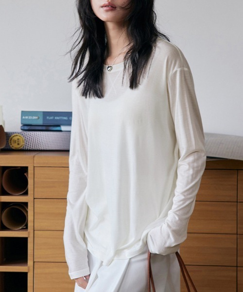 ReRe(リリ)の「ラウンドネックベーシックトップス(Tシャツ/カットソー・レディース・オフホワイト/ブラック/ライトブルー/ベージュ/パープル/グレー・FREE)」の10枚目の写真