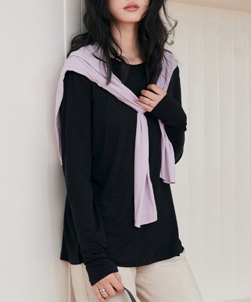 ReRe(リリ)の「ラウンドネックベーシックトップス(Tシャツ/カットソー・レディース・オフホワイト/ブラック/ライトブルー/ベージュ/パープル/グレー・FREE)」の13枚目の写真