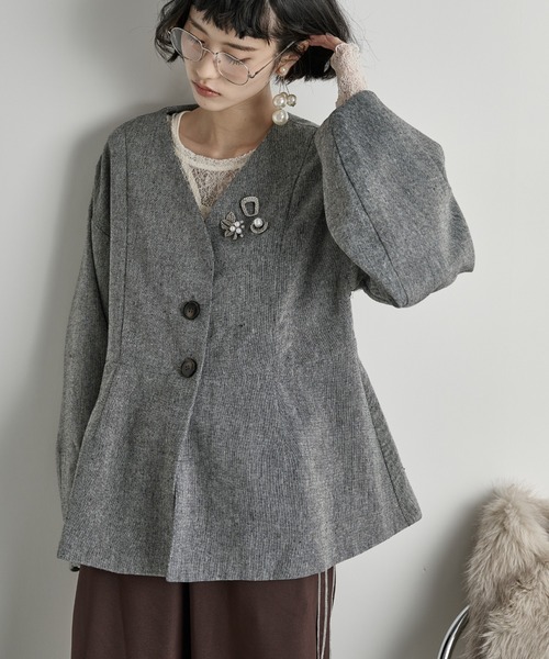 ノーカラーペプラムツイードジャケット（ノーカラージャケット）｜THE