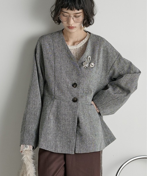バンヤードストーム ツイードノーかラジャケット ノーカラーペプラム