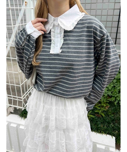 WC（ダブル シー）の「レースパイピングラガーシャツ（シャツ/ブラウス・レディース・アイボリー/グレー・FREE）」の8枚目の写真