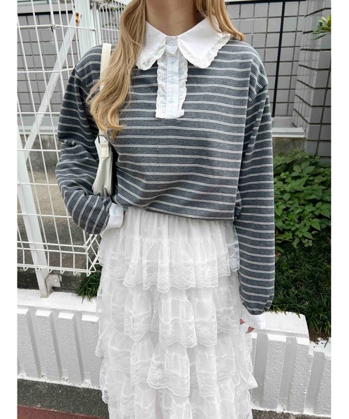 WC（ダブル シー）の「レースパイピングラガーシャツ（シャツ/ブラウス・レディース・アイボリー/グレー・FREE）」の9枚目の写真