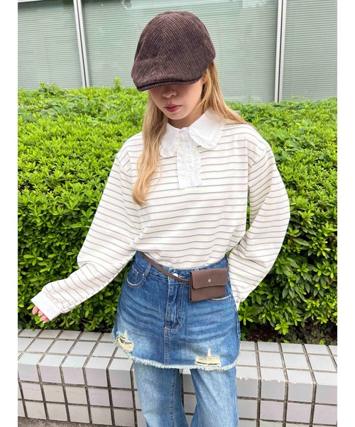 WC（ダブル シー）の「レースパイピングラガーシャツ（シャツ/ブラウス・レディース・アイボリー/グレー・FREE）」の7枚目の写真