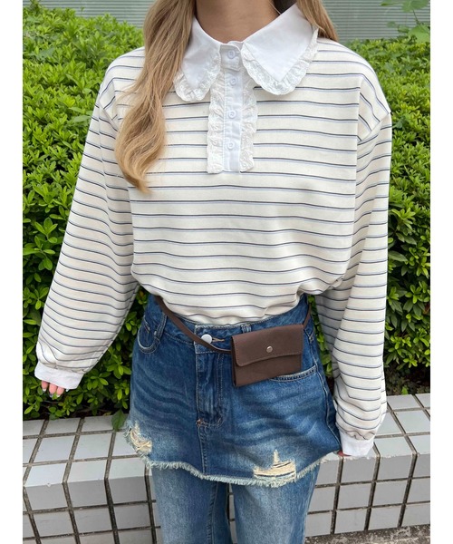 WC（ダブル シー）の「レースパイピングラガーシャツ（シャツ/ブラウス・レディース・アイボリー/グレー・FREE）」の3枚目の写真