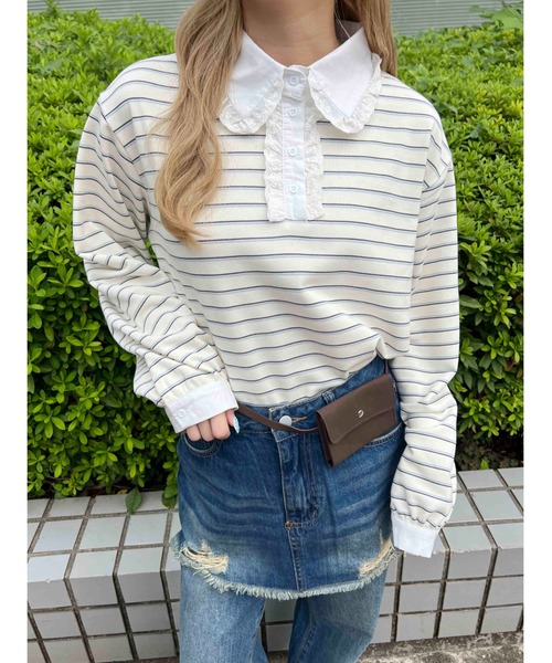 WC（ダブル シー）の「レースパイピングラガーシャツ（シャツ/ブラウス・レディース・アイボリー/グレー・FREE）」の4枚目の写真