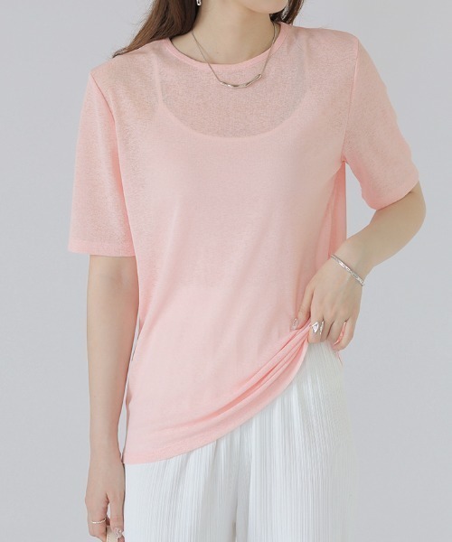 COCOMOMO(ココモモ)の「春夏使いやすい スラブシアートップス 半袖 シアートップス レイヤードトップス カットソー スラブ シアー トップス インナー シアーロンT 五分袖 UV対策 春服 夏服(Tシャツ/カットソー・レディース・オレンジ/グレイッシュブルー/グレー/ライトブルー/ブラック/ピンク/ブラウン/ライトグレー/ホワイト/チェリーピンク/コーラル/パープル/ベージュ・L/M/S)」の10枚目の写真