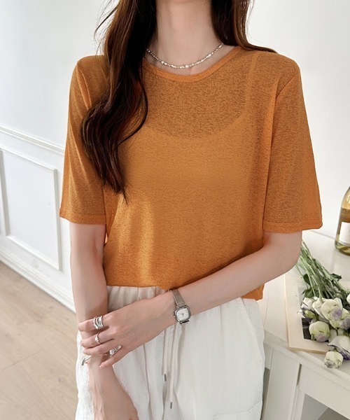 COCOMOMO(ココモモ)の「春夏使いやすい スラブシアートップス 半袖 シアートップス レイヤードトップス カットソー スラブ シアー トップス インナー シアーロンT 五分袖 UV対策 春服 夏服(Tシャツ/カットソー・レディース・オレンジ/グレイッシュブルー/グレー/ライトブルー/ブラック/ピンク/ブラウン/ライトグレー/ホワイト/チェリーピンク/コーラル/パープル/ベージュ・L/M/S)」の12枚目の写真
