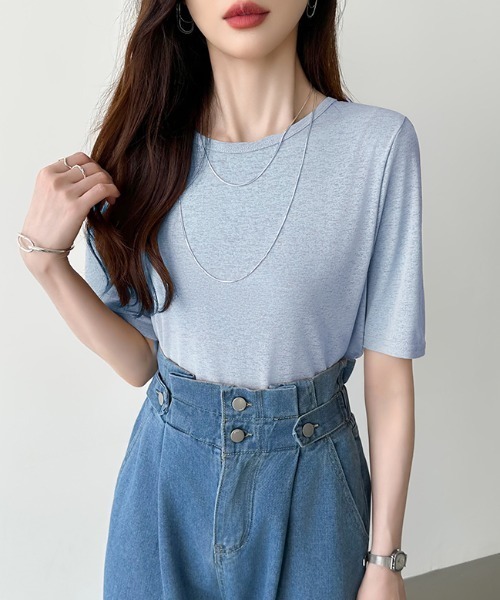 COCOMOMO(ココモモ)の「春夏使いやすい スラブシアートップス 半袖 シアートップス レイヤードトップス カットソー スラブ シアー トップス インナー シアーロンT 五分袖 UV対策 春服 夏服(Tシャツ/カットソー・レディース・オレンジ/グレイッシュブルー/グレー/ライトブルー/ブラック/ピンク/ブラウン/ライトグレー/ホワイト/チェリーピンク/コーラル/パープル/ベージュ・L/M/S)」の7枚目の写真