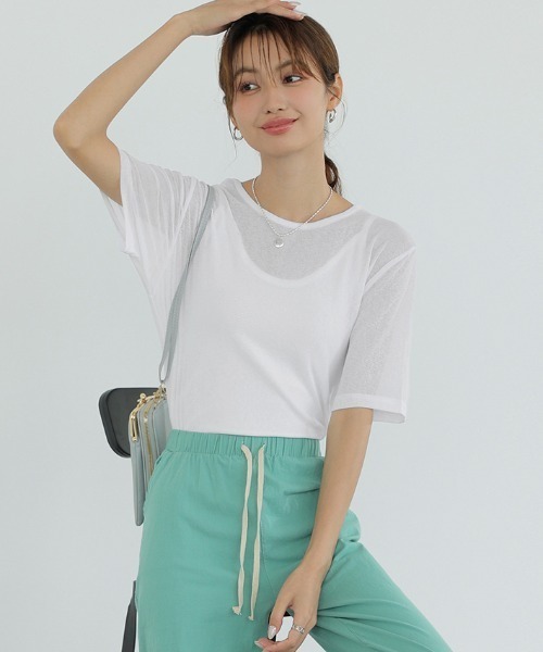 COCOMOMO(ココモモ)の「春夏使いやすい スラブシアートップス 半袖 シアートップス レイヤードトップス カットソー スラブ シアー トップス インナー シアーロンT 五分袖 UV対策 春服 夏服(Tシャツ/カットソー・レディース・オレンジ/グレイッシュブルー/グレー/ライトブルー/ブラック/ピンク/ブラウン/ライトグレー/ホワイト/チェリーピンク/コーラル/パープル/ベージュ・L/M/S)」の19枚目の写真