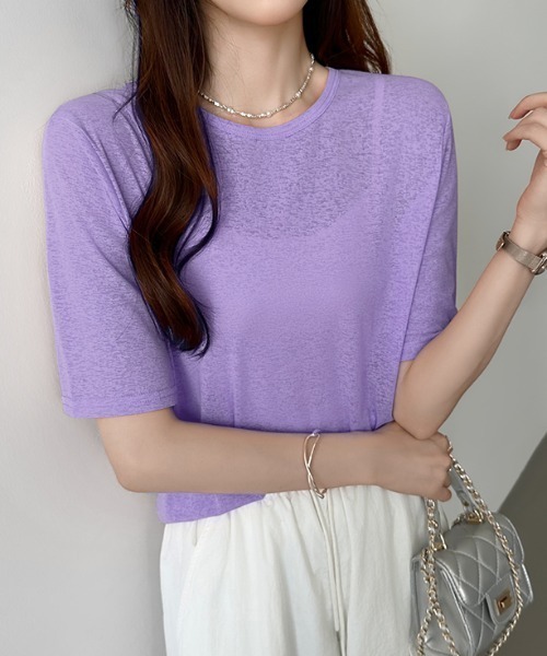 COCOMOMO(ココモモ)の「春夏使いやすい スラブシアートップス 半袖 シアートップス レイヤードトップス カットソー スラブ シアー トップス インナー シアーロンT 五分袖 UV対策 春服 夏服(Tシャツ/カットソー・レディース・オレンジ/グレイッシュブルー/グレー/ライトブルー/ブラック/ピンク/ブラウン/ライトグレー/ホワイト/チェリーピンク/コーラル/パープル/ベージュ・L/M/S)」の21枚目の写真