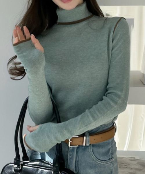 Ada.（エイダ）の「配色ライン ハイネック ニット プルオーバー（ニット/セーター・レディース・チャコール/ブラウン/ライトグリーン/ブラック/アイボリー・FREE）」の5枚目の写真